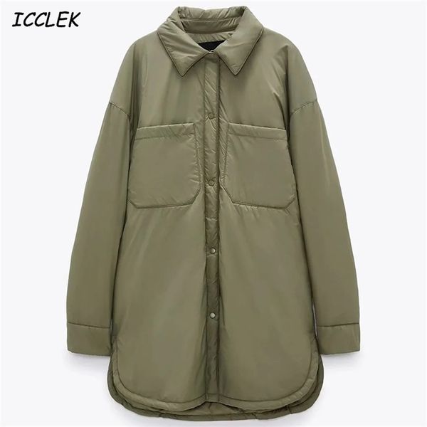 Za mulheres jaqueta chunky parkas fina casaco longo cáqui de bolso feminino oversize overshirt tRF BF botão mangas outwear Armygreen 211013