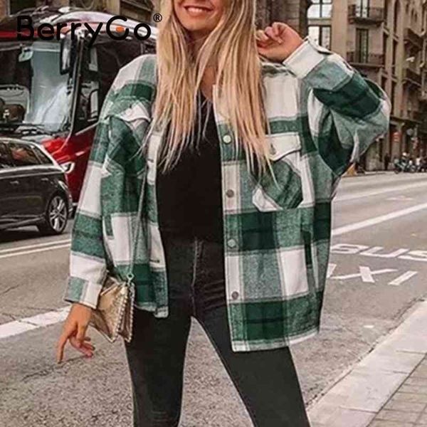 

berrygo casual plaid shirt women tweed coat buttons pockets female jacket coat streetwear ladies spring blend coats outerwear 210410, White