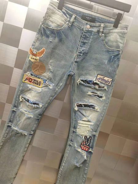 

falection mens 21ss amimike jeans distressed leather eagles patch ripped denim pants, Blue
