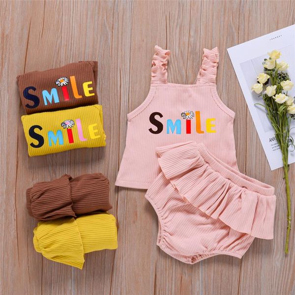 

2pcs baby summer outfits, letter print sleeveless ribbed tank + solid color ruffled shorts for toddlers girls 0-24 months clothing sets, White