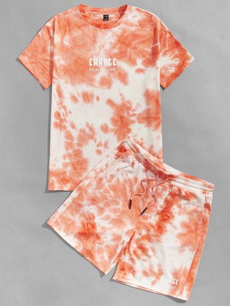 

men tie dye tee & drawstring waist track shorts set v3te#, Gray