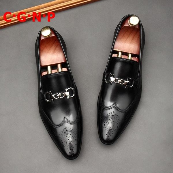 

dress shoes cÂ·gÂ·nÂ·p british style fashion genuine leather brogue carving pointed toe loafers breathable horsebit men, Black