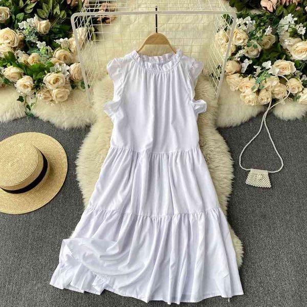 

retro short dress for womens summer women's sweet wood ear collar simple solid color loose korean ruffles mini white 210420, Black;gray