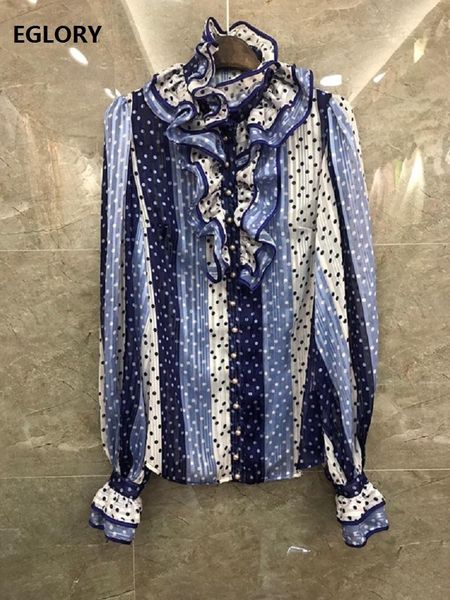

est fashion designer blouse shirt 2021 spring summer shirts women ruffled collar polka dot print long sleeve vintage women's blouses &, White
