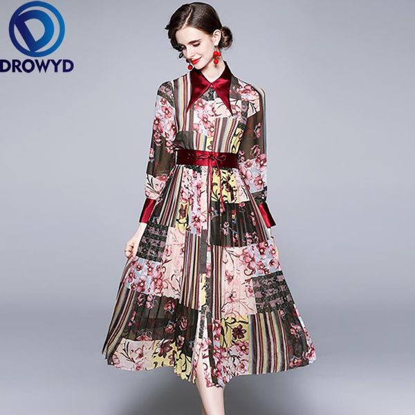 

casual dresses summer women 2021 fashion runway party pleated dress lantern sleeve bow high waist printed slim ladies long vestidos, Black;gray