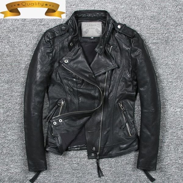 

leather jacket women genuine clothes 2021 short 100% sheepskin coat female biker motorcycle spring autumn slim fit 1810 women's & faux, Black