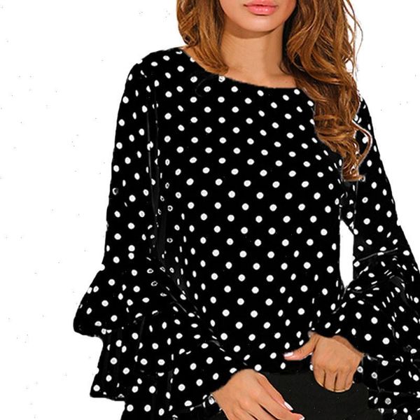 

fashion bell sleeve loose women shirts polka dot casual clothes pullover streetwear, White