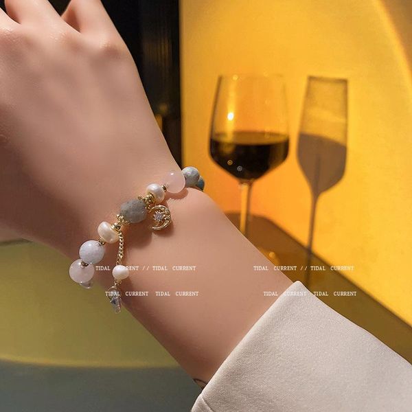 

charm bracelets real gold plated freshwater pearl beaded bracelet female zirconia star moon love heart pendant for women girl, Golden;silver