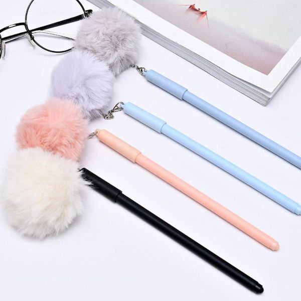 

gel pens 0.5mm black ink cute girl women faux fur pom ball pendant pen gift