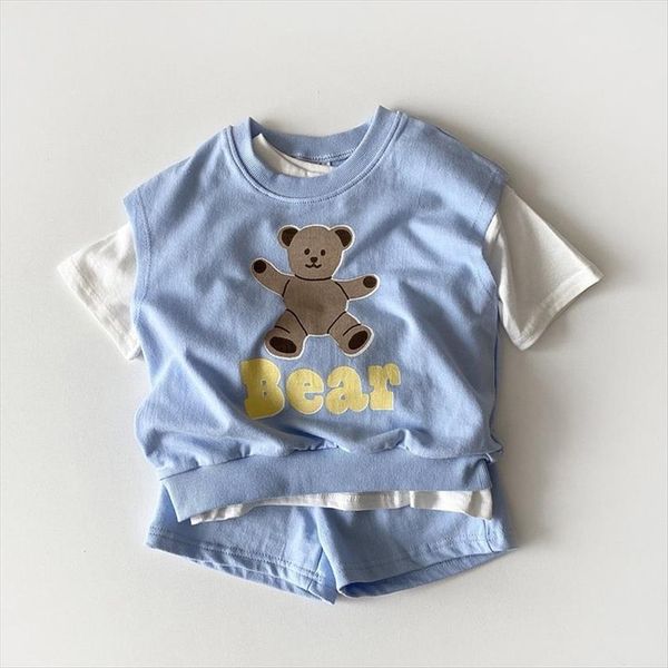 

korean baby cute bear clothing sets summer girls boys fashion vest short set 3pcs clothes, White