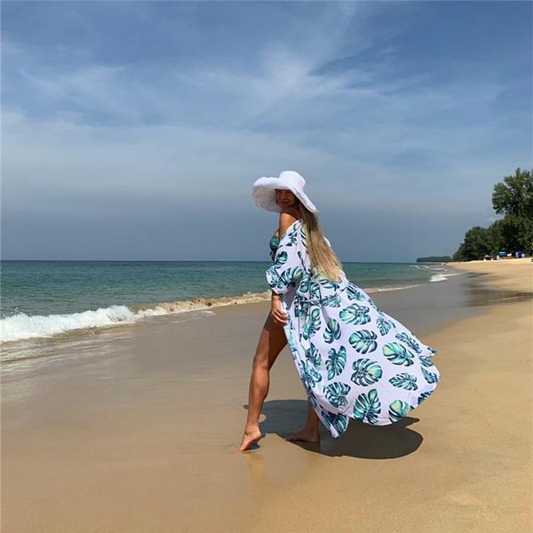 

ladies holiday beach dress banana leaf print bikini cover up cardigan women pareo tunics summer 2021 plus size long beachwear women's s, White;black