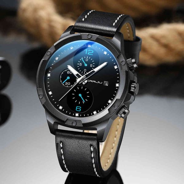

watch crrju mens sport wristwatches fashion luxury waterproof date window quartz black leather watch for male relogio masculino 210517, Slivery;brown