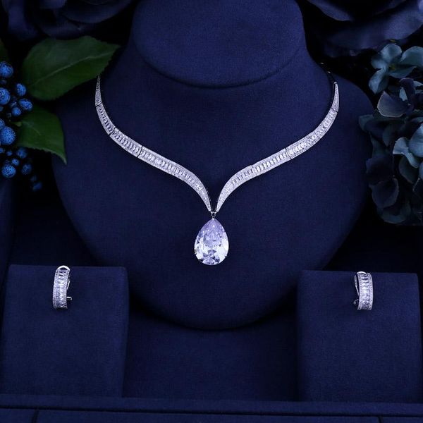 

earrings & necklace luxury brilliant cubic zirconia clear flower and cirrus fashion style wedding bridal earring jewelry set, Silver