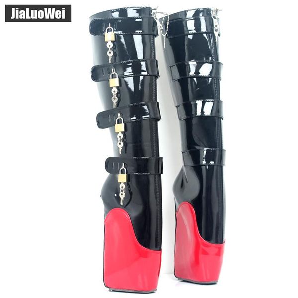 

boots jialuowei strange wedge super high heel ballet heelless training strap padlocks zip lockable knee-high unisex, Black