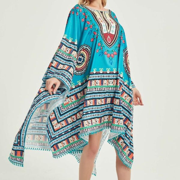 

casual dresses fashion women's dress round neck pullover bohemian print tassel loose large size bat sleeve donsignet, Black;gray