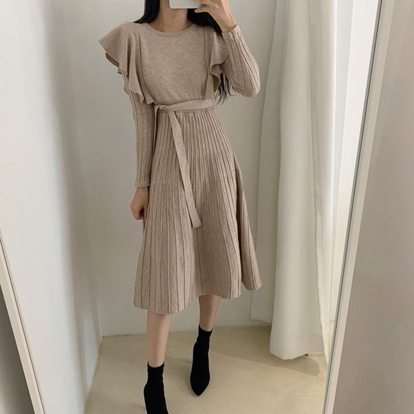 

casual dresses autumn winter pleated women's dress stretchy flared cocktail party high waist ruffle knitted women korean clothing, Black;gray