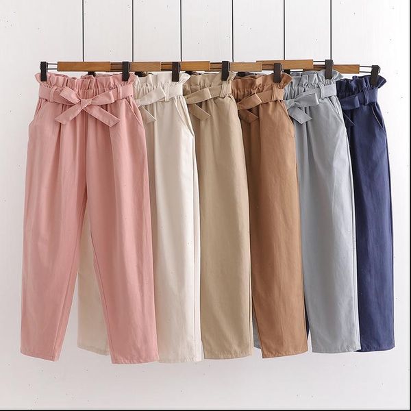 

summer elastic waist casual women pants with belt cotton harun pink wide, Black;white