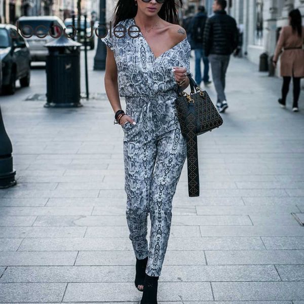 

jocoo jolee serpent leopard print jumpsuit short sleeve v neck sashes playsuits vintage trousers elegant slim fit jumpsuits 210619, Black;white