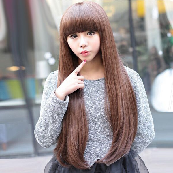 

mengfei wig female straight bangs long hair wig sheath micro volume, Black