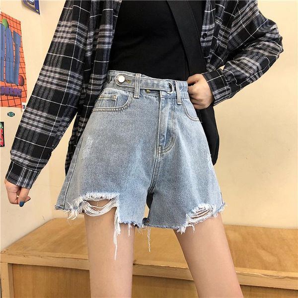 

women's jeans summer korean version 2021 high waist and thin design, wear wide leg a-line shorts pants, Blue