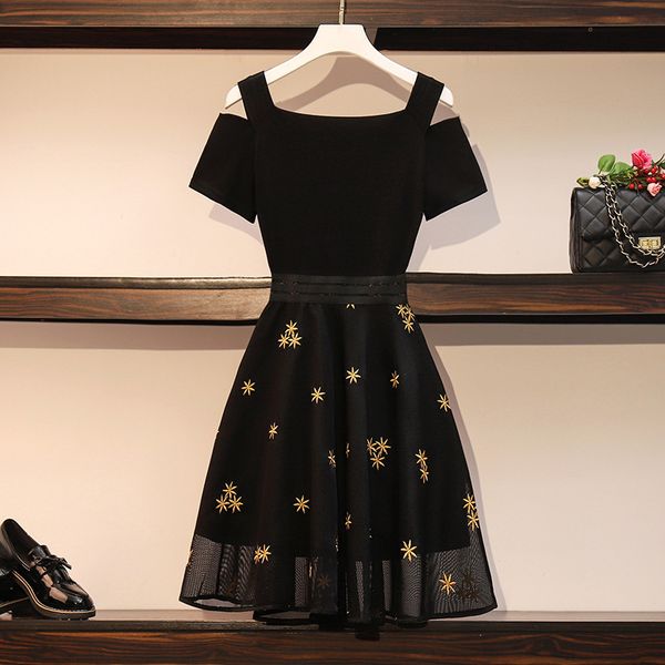 

slim mesh new 2021 shoulder embroidery large women's stitching dress, Black;gray