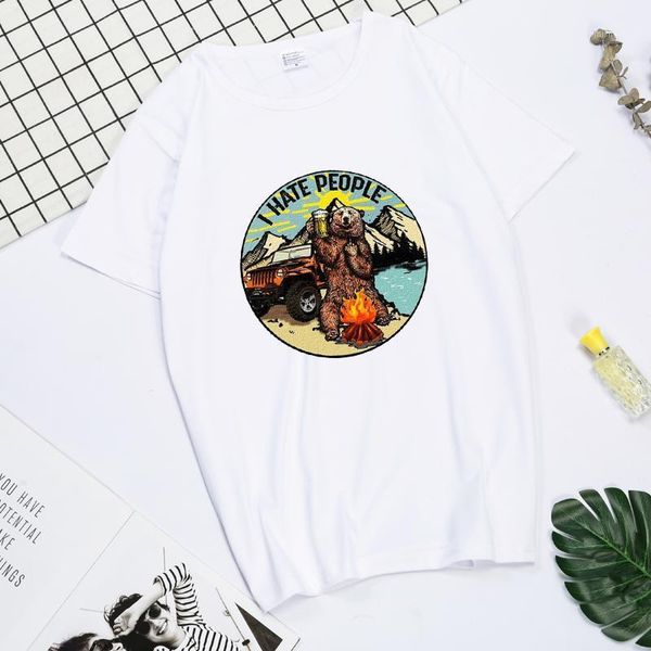 

hate people camping bear t shirt retro hiking lovers animal summer tshirt 666 soft cool women's t-shirt, White