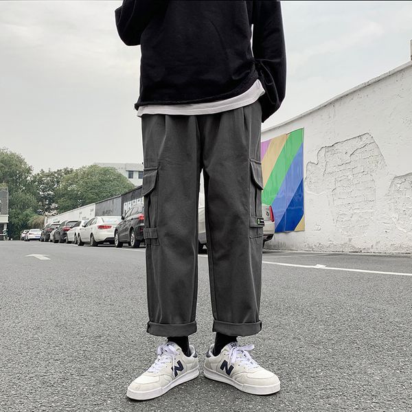 

men casual pants loose cargo straight all-match side pockets male streetwear korean style harajuku ulzzang chic fashion leisure, Black