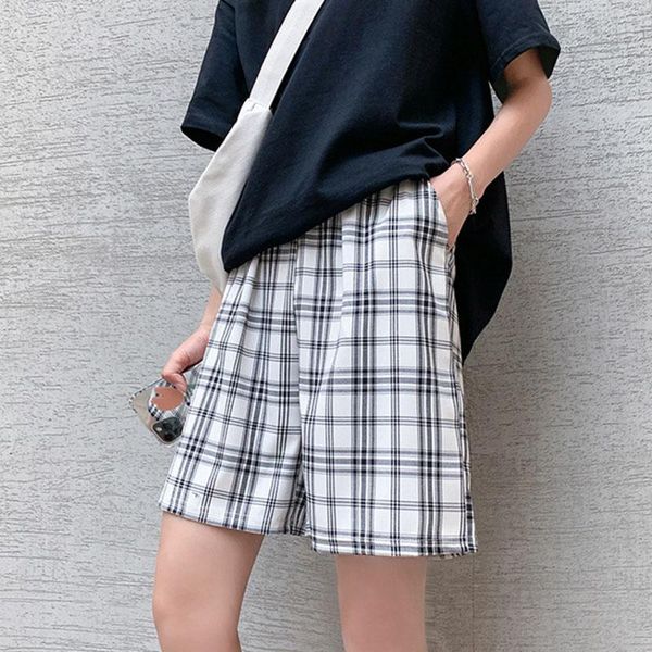 

women's shorts harajuku baggy summer 2021 casual women high waist half- length plaid lady pockets loose vintage short, White;black