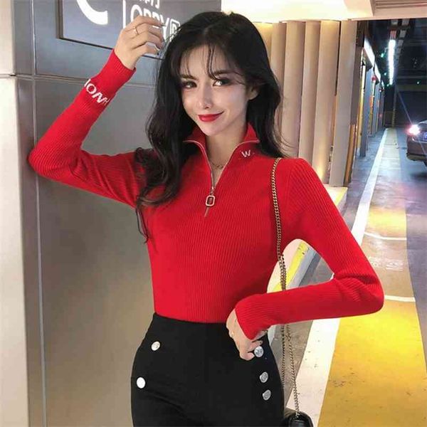 

autumn winter turtleneck sweater women zipper letter embroidery slim pullover long sleeve stretchy knitted jumper m9n294 210421, White;black