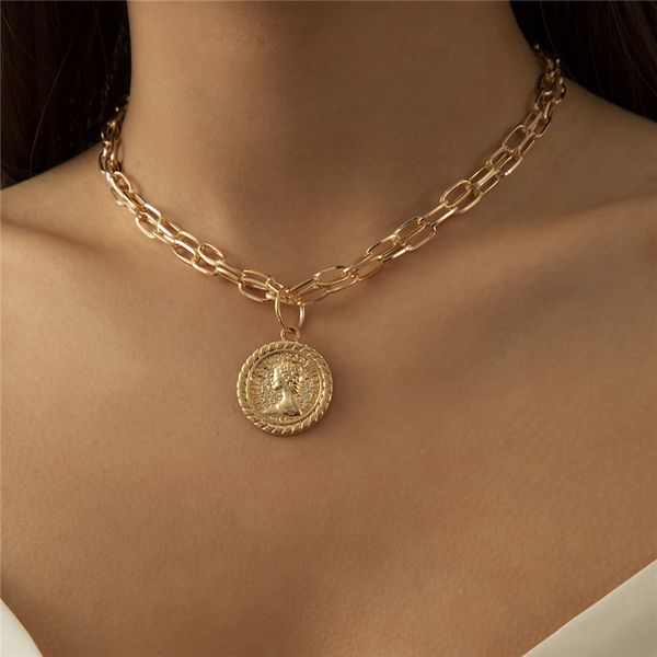 

European Double Layer Cross Chain Portrait Coin Pendant Necklaces Alloy Retro Round Brand Relief Link Women Punk Sweater Dress Necklace Acce, Silver