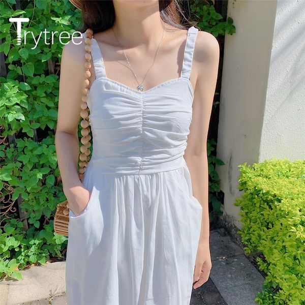 

casual dresses trytree summer woman sling dress solid 2 color folds pockets a-line fashion sweet elegant mid-calf mgd0, Black;gray