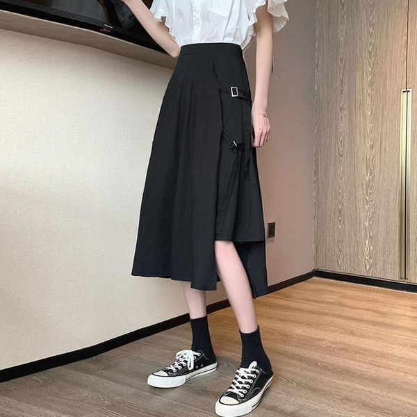 

skirts 2021 summer korean fashion high waist irregular solid color mid length skirt women's a-line umbrella, Black