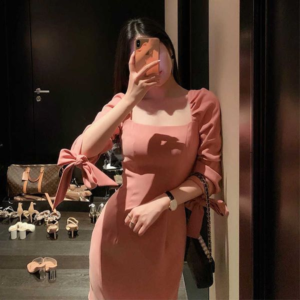 

luxury evening dress autumn 2021 product celebrity temperament square neck bubble french elegant bow tie lace up sleeve hip wrap, Black;gray