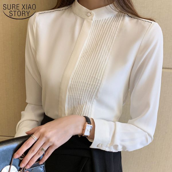 

spring women's shirt korean style pleated long-sleeve office lady's fashion bottoms blusas mujer 13931 210508, White