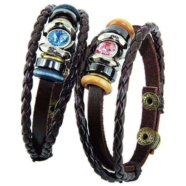 

charm bracelets 2pcs/lot handmade weaving leather crystal couple vintage geometric zircon adjustable for lovers, Golden;silver