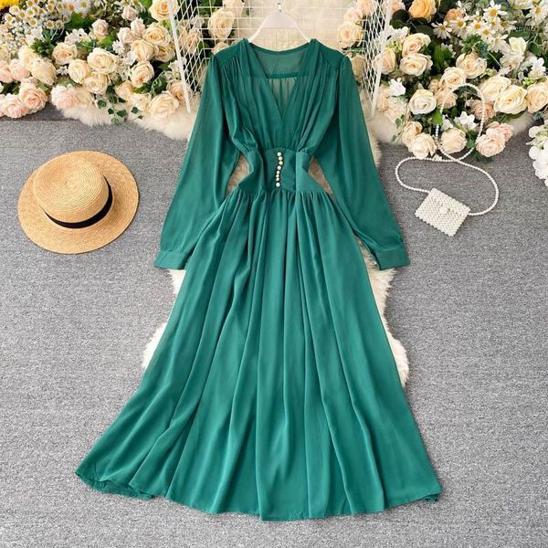 

wchw cgdsr autumn winter dress runway solid boho 2021 luxury long sleeve vintage a-line elegant dresses women party high waist casual, Black;gray