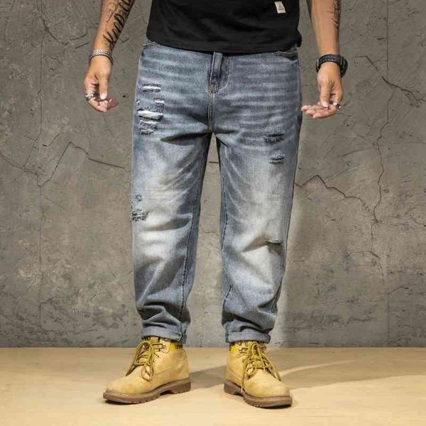 

spring and autumn new fashion brand large men's jeans loose stretch holed denim pants fattening oversize, Blue