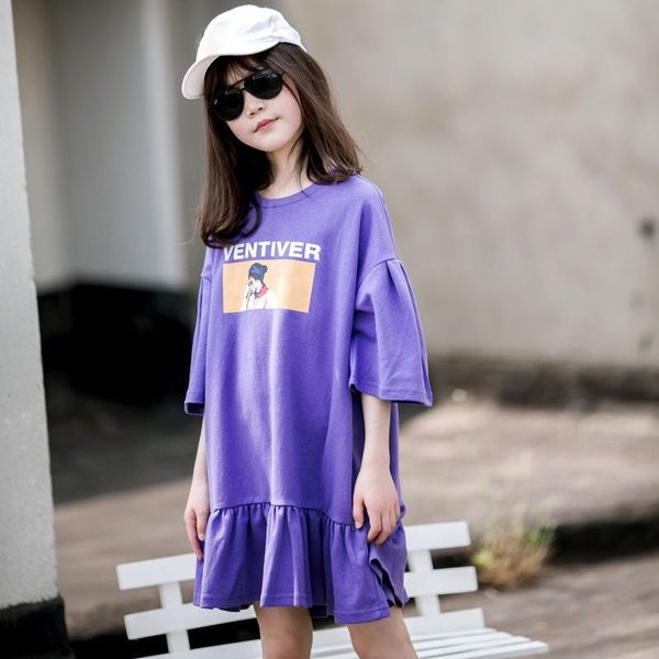 

yourseason girls fashion cartoon print shirt dress 2021 summer girl long style tee teenage ruffles cotton o neck girl's dresses, Red;yellow