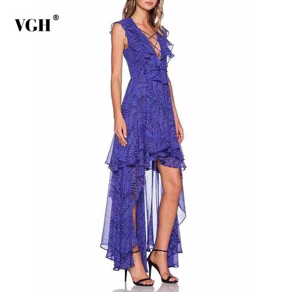

vgh asymmetrical hollow out dress for women v neck sleeveless high waist party dresses female summer fashion clothing 210421, Black;gray