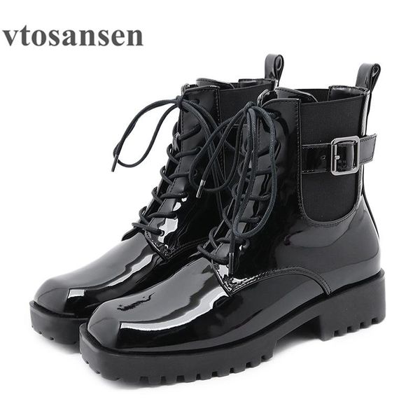 

boots shoautumn winter women shoes square toe gothic punk ladies low heels ankle metal buckle lacing short, Black