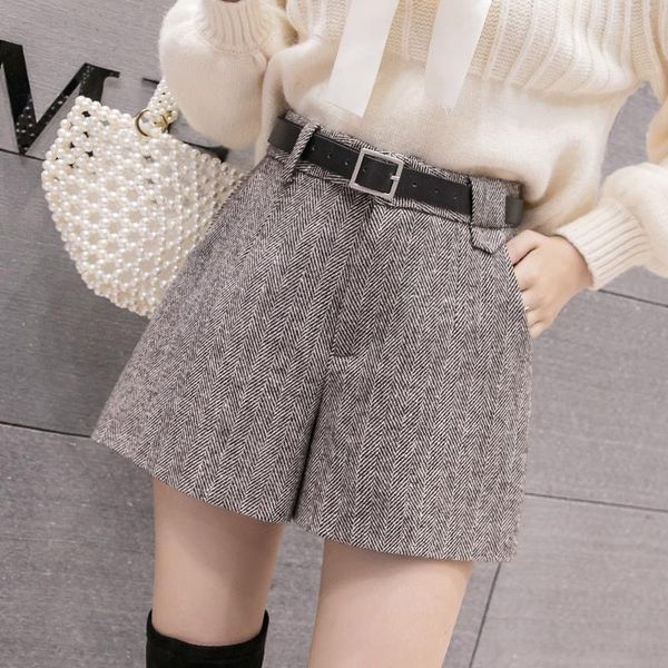 

autumn winter striped casual woolen women's shorts with belt high waist pockets wide leg short female chic trousers, White;black
