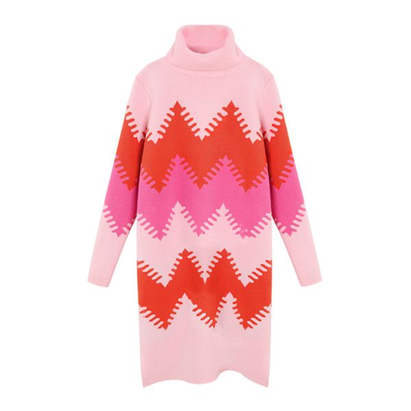 

women knitted turtleneck long sleeve pink red patchwork knee length dress casual straight autumn winter d0827 210514, Black;gray