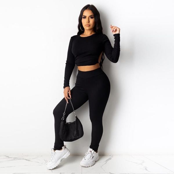 

women's two piece pants rib knitting open back matching sets pure color full sleeve t shirt crop elegant bodycon bottoms leggings, White