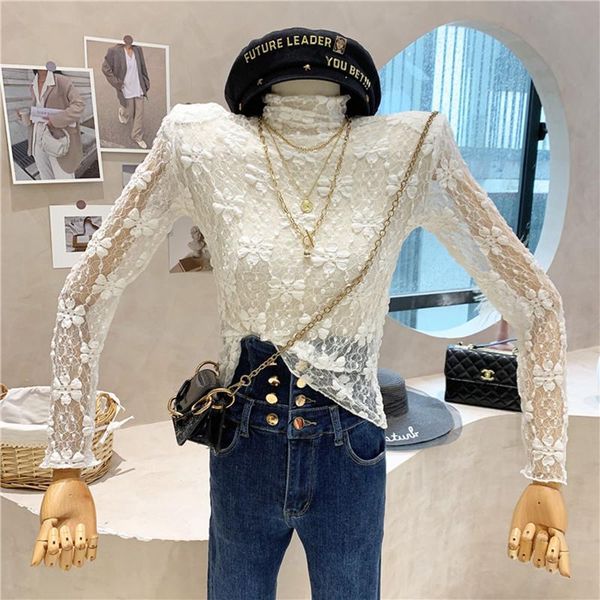 

women's blouses & shirts clothing 2021 autumn winter lace stitching hollow out versatile long sleeved blouse slim bottomed shirt top, White
