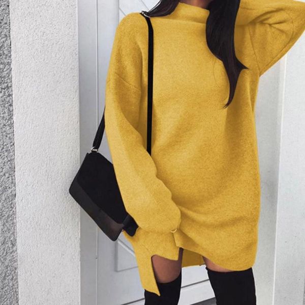 

casual dresses women's split dress 2021 lady solid color high collar side knitted autumn mini robe femme women, Black;gray