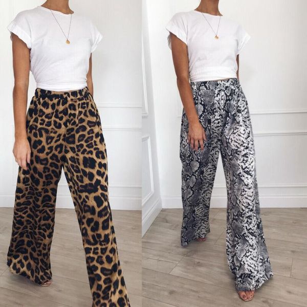 

women's pants & capris women loose flared wide leg high waist culottes fashion leopard snake print long trousers female bottoms, Black;white