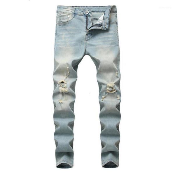 

mens fashion washing jeans denim pants distressed slim stretch cowboy biker hip hop street male, Blue
