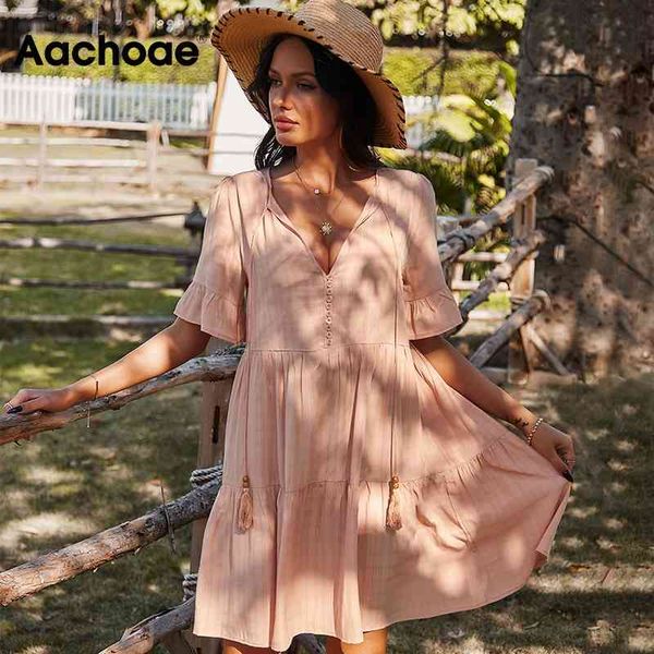 

solid color loose mini women bow tie v neck casual beach dress ruffles short sleeve ladies summer dresses 210413, Black;gray