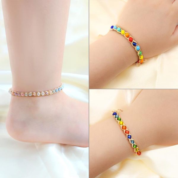 

bangle bohemian beads crystal beaded handmade charms braided bracelet for women friendship bead adjustable rope chain anklet jewelry, Black