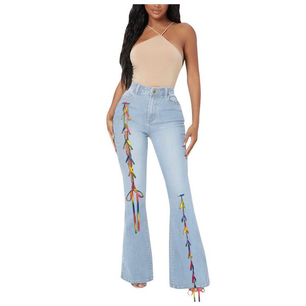 

women's jeans women button high waist slim band bell bottom flared pants stitching causal vintage denim pantalon pour femme, Blue